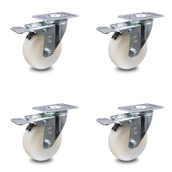 4 Inch Nylon Wheel Swivel Top Plate Caster Set with Total Lock Brake SCC